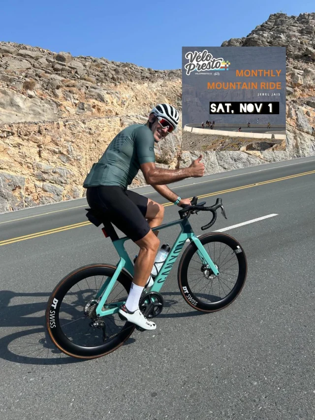 Our next monthly Jebel Jais ride is this weekend 🚨. Great banter, views, gains and support mechanics. And breakfast at the top 🥐. We have a couple of spots still open so if you’re around this weekend - check the details 👇🏼

—————

Starting from the ADNOC garage roundabout. This is a social ride climbing the iconic Jebel Jais, the highest point in The UAE.  The ride starts with 10k of flatfish road, before climbing 20-30k with a total elevation of 1400m.  The ride to the top takes up to 2.5 hours.  We will have a stop at the restaurant at the top for breakfast and coffees before descending.

Experience with climbing on open roads preferable.

Please make sure your road, or triathlon bike is in good condition and bring your own nutrition, hydration and bike lights.  There will be a Vélo Presto support vehicle with a mechanic on this ride and some of our mechanics will also join the ride.

If you would like to rent a bike let us know.

Please let David know you’re joining, or talk to him for more information (056 667 6212).

#triathlonbike #cyclingculture #cyclemechanic #bikeservice #dubaicycling #cyclingdubai #instacycling #cyclingstyle